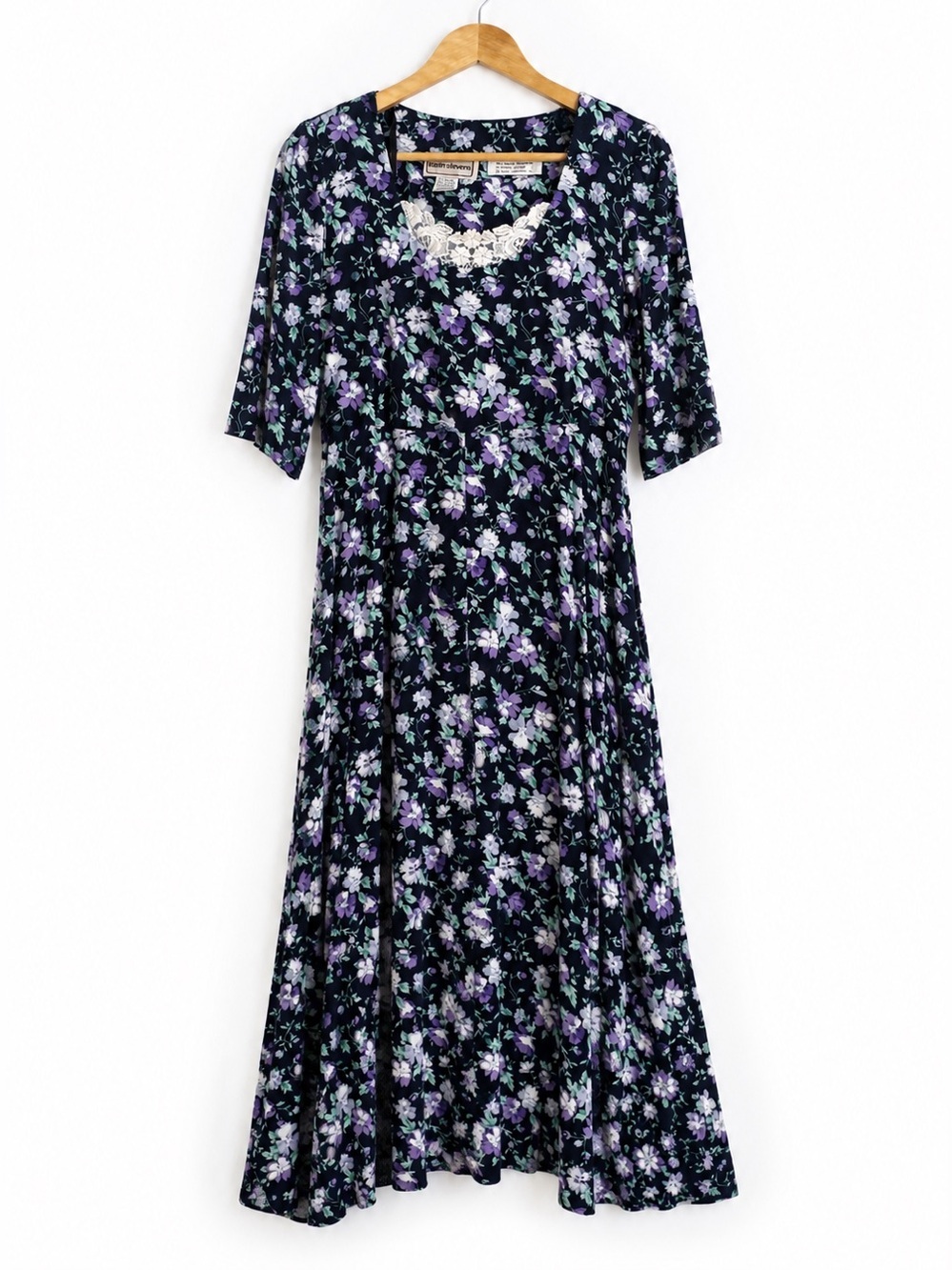 Vintage 90s Karin Stevens Cottagecore Violet Floral Dress - Size S
